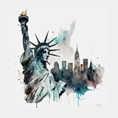 A graphic of a Statue of Liberty with the New York City skyline in the background , Watercolor, Clipart, transparent background PNG