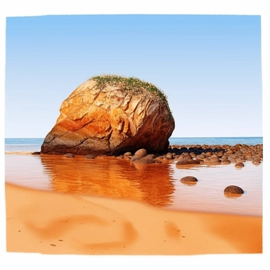 Detailed Watercolor of a beach of orange sand with a large rock covered in water, in the style of suffolk coast views, creative commons attribution, quirky pottery, eye-catching, marine biology-inspired, afro-caribbean influence, gravity-defying landscapes, clipart, sticker art, flat 2d, 8k, high definition, white background