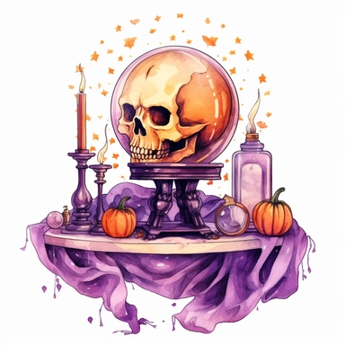 hand drawn glowing crystal ball sitting on a table with crystals, tarot cards, a wand, candles and a pumpkin, Halloween, purple and orange shades,fantasy, glamorous, , clipart style, detailed and realistic, watercolor, white background with margins