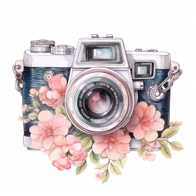 watercolor, hyper realistic, white background, white margins, 16k, ultra detailed clipart, cut out image, hand-drawn, whimsical manhwa style, ultra HD, sharp and clean art a vintage camera adorned with delicate floral , capturing the romantic and feminine aesthetics often associated with vintage fashion and travel. earthy brown pastel