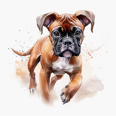 cute Mahogany Boxer dog portrait, full face, centered shot, side shot, dynamically posed, in action, playful mood, happy mood, playing mood, cute face, adorable smile, childlike eyes, clean watercolor illustration, white background, nursery baby imagery, painting, detailed, 8k, PNG, clipart,