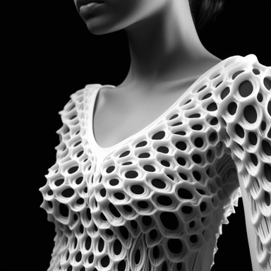 Imagine you're creating a fashion knitwear collection that uses 3D printing technology to produce seamless, highly detailed garments. Describe the general appearance of the pieces in the collection, including the design, colors and finishes used. Consider how 3D printing technology can be used to create complex structures and patterns that would be impossible to achieve through traditional knitting methods. Notice how this technique allows for the creation of highly detailed, seamless garments, 