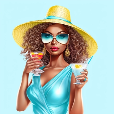 pretty black girl, Sun Straw Hat Wide Brim Summer Hat Foldable Roll up Floppy Beach Hats, pretty, holding a cocktail drink, cyan outfit, 4k, hd, clipart