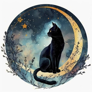 a sitting skinny pagan black cat in front of big starry sky portret, clipart, moon, watercolors, white background, stars, planets, galaxy, magical, ornaments, little golden stars, full body, pictorial space, sparky, glitter, use Cool Color Palette, circle of universe in the background, celestial symbols, roots, branches, flowers