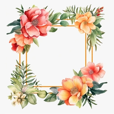 watercolor, Pretty flower decoration frame square png Full body realistic cartoon in 32K UHD cute. 15 cm thick outline. Black color. There was no shadow on the ground. 8k with realistic watercolors and detailed illustrations. PNG clipart, transparent white background