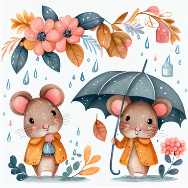 Mouse Clipart Rainy Day Clipart April Showers, beauty watercolor , cute cartoon, character