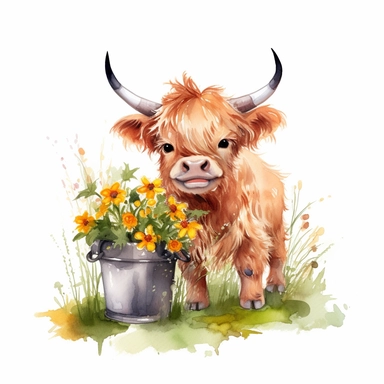 watercolor painting,super cute adorable highland baby cow smiling, full body standing on the grass, surraunded by meadow flowers, eating flowers from the basket, dynamic colors, octane rendering, ultra detail, intricate details, clipart, png, white background