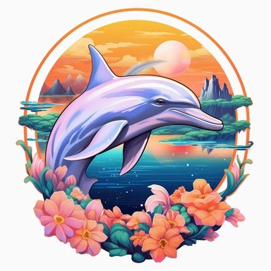 dolphin, close up, a sticker, artwork of t shirt graphic of majestic forest, in digital painting style , beautiful flowers, sunset mountains and clouds , big vines, stone temple covered in vines, white background, colorful fantasy flower sorround , highly detailed clean, vector image, photorealistic masterpiece, professional photography, realistic, flat white background, isometric, vibrant vector, clipart, illustration, realism, 4k, , cinematic, front view, white background, paradise, extremely 