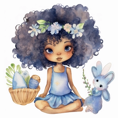 cute easter afro fairy girl watercolor clipart, indigo clothes, gold details