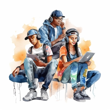 watercolor clip art image of a group of 3 black teenagers wearing hip-hop clothes smiling and having fun studying with books and laptops and phones
