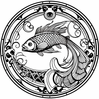 Left aligned, bottom aligned, quarter of a circle, art nouveau style, fish, black lines, detailed, flat design, white background, clipart style, black and white,