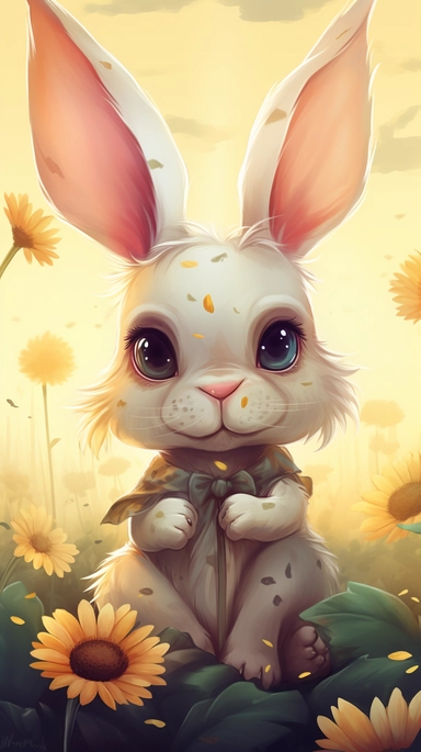 cute Easter bunny colorful sunflower field, Watercolor Clipart, strybk, full Illustration, 4k, sharp focus, watercolor, smooth soft skin, symmetrical, soft lighting, detailed face, concept art, muted colors, watercolor style, strybk, children's style fairy tales, chibi kawaii, . Octane rendering, 3d. Perfect face, detailed face, delicate face, perfect sharp lips, detailed eyes. Craig Davison, Aubrey Beardsley, Conrad Roset, Aikut Aidogdu, Agnes Cecil, watercolor style, pastel colors,