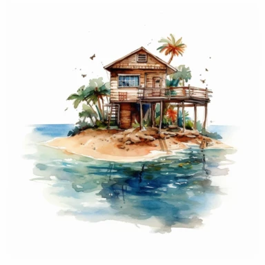 a watercolor of a tiny island in the middle of the ocean, there is a modern beach house with wooden cottage clipart, white background
