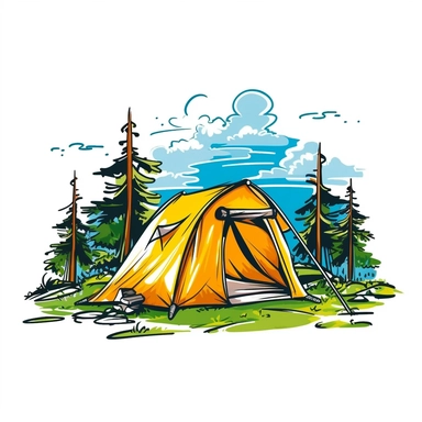tent camping scene, cartoon colours, vector, clipart, white background for a tee shirt, no captions