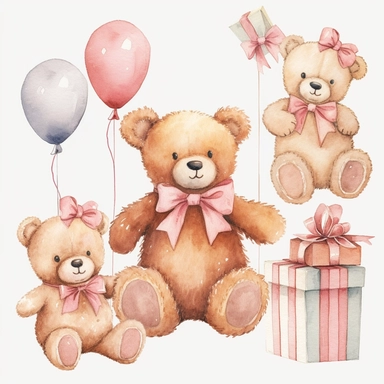 watercolor cute happy teddy bear clip art pack, pink colors birthday party