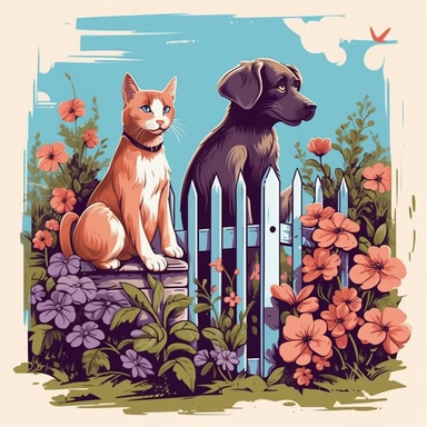 A clipart image of a dog and a cat, separated by a fence, the dogs side has lots of plants and flowers and looks like a popular place to visit, while the cat's side is more modernized, with the cat sitting inside of the house, watching the dog from a wide window.