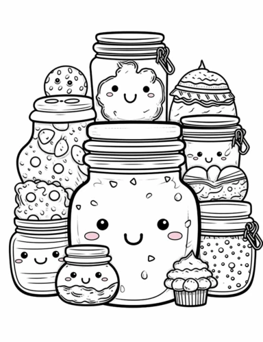 A kawaii illustration of a jar filled with an assortment of adorable cookies in different shapes and sizes For Simple Coloring page,line art, thick lines, black and white,clipart, illustration, on white background,margin Page 10px