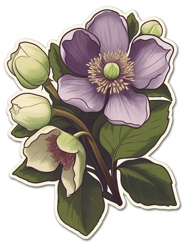 Isometric Sticker Clip Art of Helleborus orientalis, children friendly, illustrated in a playful and realistic style, perfect for any special occasion, cut out in the shape of Helleborus orientalis, with no visible background, giving it the appearance of a sticker, conveying a mystical and whimsical mood, edited with Adobe Photoshop to adjust brightness and contrast, rendered as a transparent PNG file with a high resolution to ensure a crisp and clear image with no pixelation, suitable for vario
