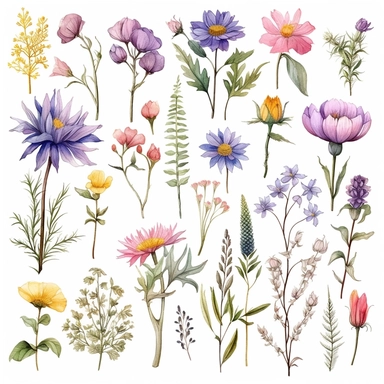 Dear Midjourney bot AI, I kindly request your artistic expertise in creating a captivating collection of wild flower clipart designs. For this project, I would like each design to be separate from the others, showcasing the unique beauty of individual wild flowers. Please focus on capturing the intricate details and vibrant colors of various wild flower species. I envision the clipart designs to be versatile and easily adaptable, suitable for a range of creative projects such as invitations, sta