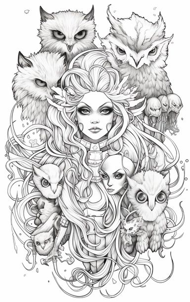 Coloring cartoon page for adult,witch clipart 6 witches, owl, in the style of reimagined by Dr. Seus, mystic mechanisms, illusory images, witchcore, lith printing ,clear and clean line art, white background