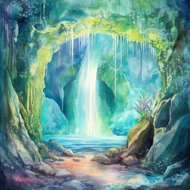 holographic waterfall where the waterfall is in front of an entrance to a secret cave. camera view should be from the outdoors. watercolor. clipart. watercolor. clipart. The lighting should be natural, and the colors should be vibrant, relaxing, and full of life. The scene should be ethereal and mesmerizing, with a focus on the best view of the waterfall. Please ensure that the watercolor art style does not cause confusion with the actual water in the scene.
