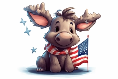 Cute baby Moose in Independence Day clipart, cartoon, white background,