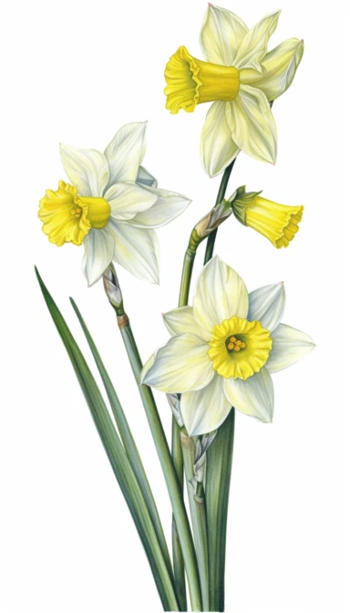 Naturalist watercolour illustration of Jonquil flowers, white background, clipart,