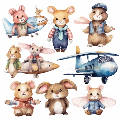 Airplane watercolor clipart set Cute animals illustration