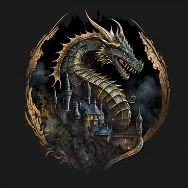 Watercolor clipart on a black background of a dragon coiled around a medieval castle, guarding it with its might.