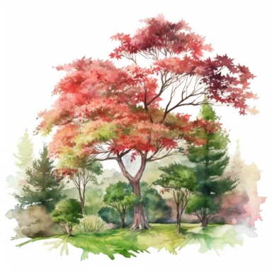 Watercolor, Japanese Maple Trees, old, long branches, Clipart, springtime japanese trees, forest, grass, white background