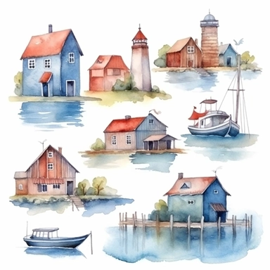 watercolor harbor village, illustrations clipart set, simple, , cartoon elements ,different variants , separate elements with a margin