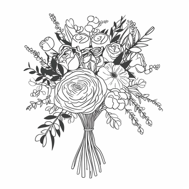 vector illustration, hand drawn, simple floral bouquet, silhouette, outline svg, clipart, basic wedding bouquet, all white background