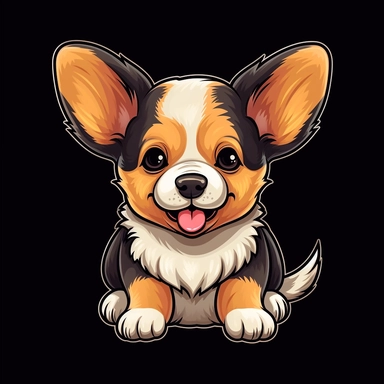Welsh Corgi, cute, dog clipart, puppy, chibi, children's illustration, black background, with outline