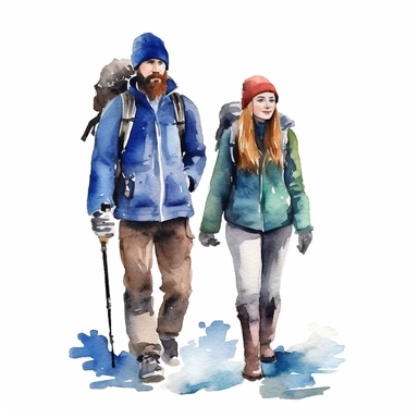 iceland, travel girl and man, watercolor clipart white background