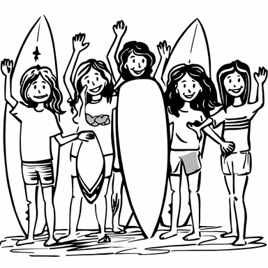 5 Teens Both Girls and Boys surf happy on surfboards at the school door black and white clipart style