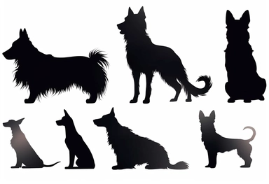 black dog silhouettes cliparts on white background, in the style of françoise basset, mary beale, animated gifs, petcore, boris kustodiev