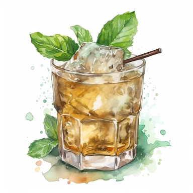 Mint Julep: A classic Southern cocktail made with bourbon, mint leaves, sugar, and crushed ice.watercolor, clipart