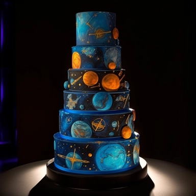 Interactive winter cake, 5-tier, spherical design, each tier representing a celestial body in the couple's unique layer, hand-painted with edible luminescent colors, creating an ethereal glow in dim lighting, a motorized, food-safe mechanism enabling the tiers to rotate slowly, decorated with sugar constellations depicting the couple's love story, an embedded touchscreen interface allowing guests to explore the cake's design, and a built-in, synchronized light and sound show that activates when 