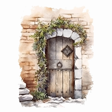 detailed watercolor clipart, photography style, beautiful christmas magic, stone wall, door, ivy, HDR, winter snow, self shadow, white background