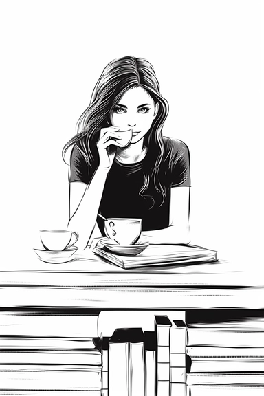 black and white Line Art beautiful young modern Woman drinking coffee at her desk with Lot of books, isolated handpainted minimalist Logo style, thin outline Line Art cartoon Clipart Style, White Background