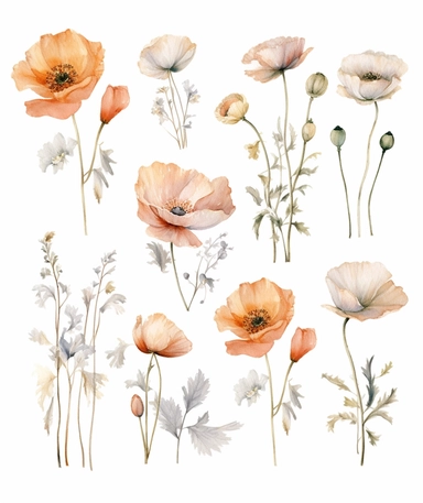 dreamy bohemian watercolor poppy flowers field clipart, dusty PINK WILDFLOWERS, white sky, white background, VINTAGE VICTORIAN STYLE, fairy style, muted color, accent gold color, watercolor touch, A dusty blue floral card with gold accents, with elements of leaves, wildflowers, elegant, light, airy, fresh, classy, modern, minimalist design, no borders, the overall aesthetic exudes luxury and delight, no text or writing, includes blank space for text and writing, WHITE background, watercolor spla