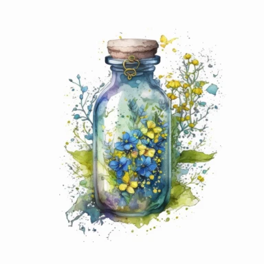 a vial of potion with myosotis inside, blue and yellow vibes, watercolor clipart
