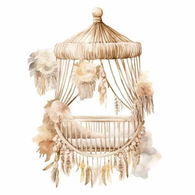 realistic watercolor boho woven macrame baby Crib Mobile, isolated white background, babyshower clipart, 8k, bright beige boho colors