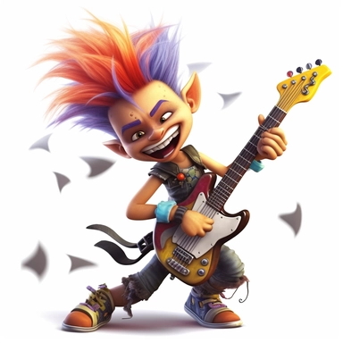 a cartoon fairy punk rockstar, playing electric guitar, some tattoes, dancing, smiling, full body image, pixar style, clipart