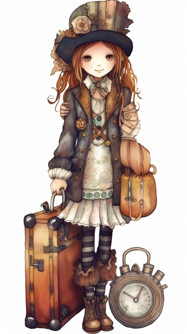 watercolor steampunk girl entire body and steampunk boy entire body with a steampunk suitcase by her side and holding a cute steampunk doll in her arms, illustration clipart by holly hobbie and mary engelbreit