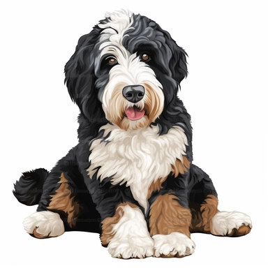 bernedoodle dog clip art, simple, vivid colors, head tilted, full body, white background