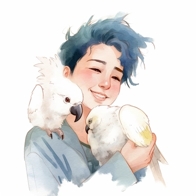 Adorable pet Cockatoo having happy moment with it's human owner, water color style, clipart, white background