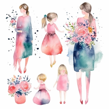 6 watercolor fancy mothers day clipart, isolated on white background,space out--ar3:2--s1000