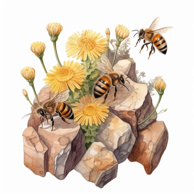 watercolor art of honey bees on flowers with rocks and dandelions, in the style of realistic and hyper-detailed renderings, sketchfab, ahmed morsi, realistic watercolor paintings, use of common materials, handcrafted designs clipart, very detailed, Cartoon,hyper realistic, intricate detail, illustration style,high solution,on the white background