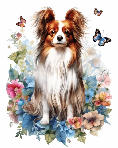 detailed watercolor Papillon dog standing on flowers , hyper realistic, isolated on a white background, clipart